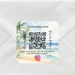 Pegatina Cuadrada Código qr nombre de negocio de playa instagram