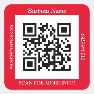 Pegatina Cuadrada Código QR Nombre del negocio Sitio web Promo, Rojo
