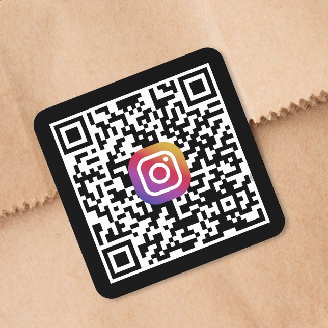 Pegatina Cuadrada Código QR personalizado de Instagram negro (Custom Instagram QR Code Square Sticker)