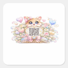 Pegatina Cuadrada Código QR personalizado Kawaii lindo gato floral r