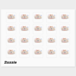 Pegatina Cuadrada Código QR personalizado Kawaii lindo gato rosa flo