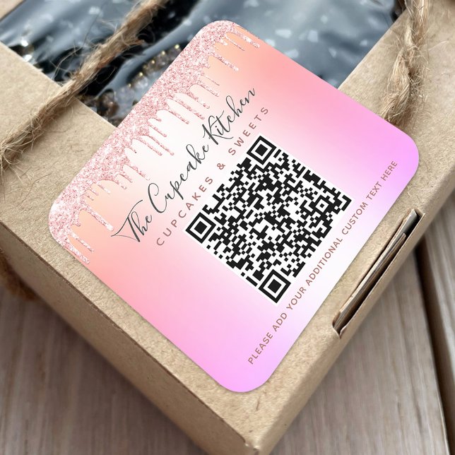 Pegatina Cuadrada Código QR Purpurina rosa rosado gotea nombre de na (Subido por el creador)
