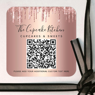 Pegatina Cuadrada Código QR Rosa Dorado Brillante Goteo Script Negoc