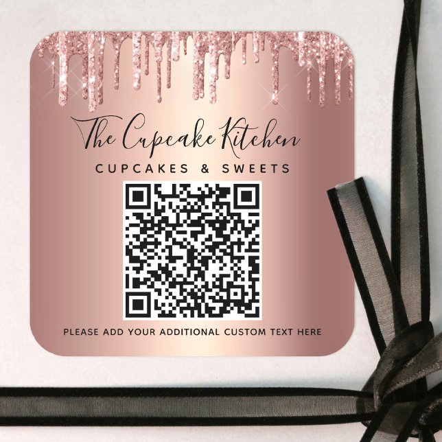 Pegatina Cuadrada Código QR Rosa Dorado Brillante Goteo Script Negoc (Subido por el creador)