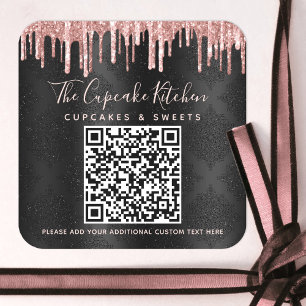 Pegatina Cuadrada Código QR Rosa negro oro Purpurina Drin nombre com