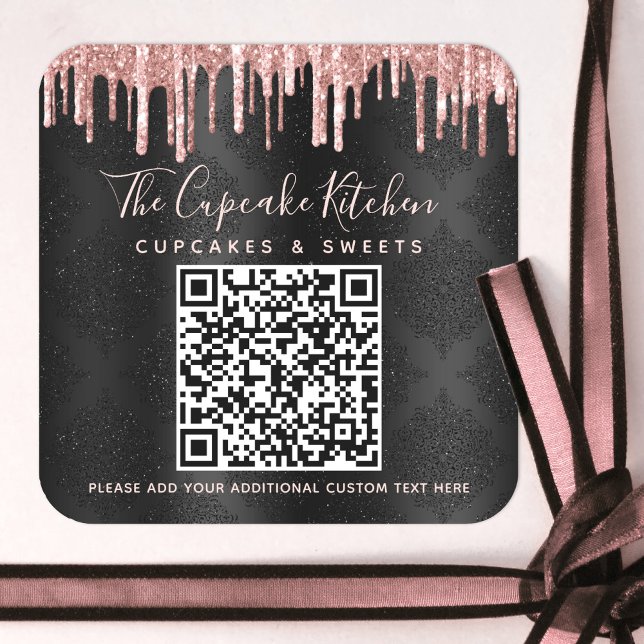 Pegatina Cuadrada Código QR Rosa negro oro Purpurina Drin nombre com (Subido por el creador)