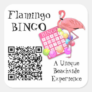 Pegatina Cuadrada Código QR y logotipo Personalizado Bingo Flamingo
