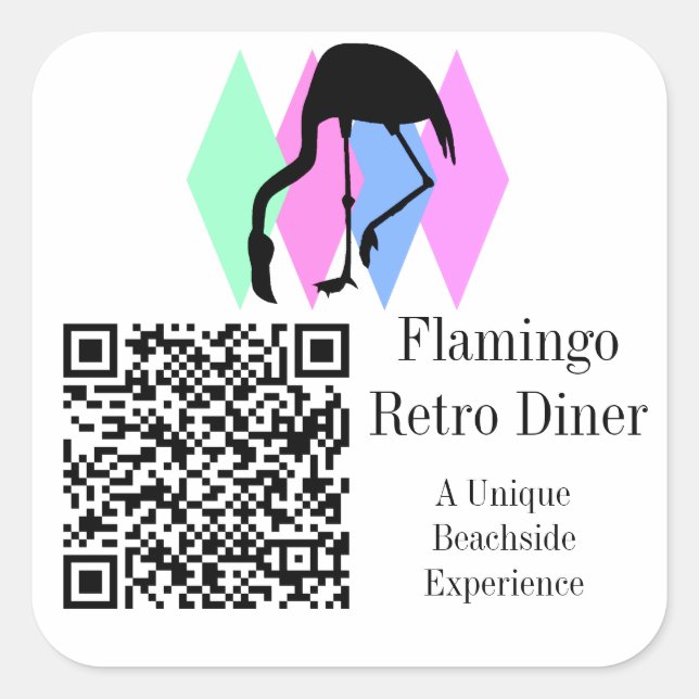 Pegatina Cuadrada Código QR y logotipo Personalizado Flamingo retro  (Anverso)