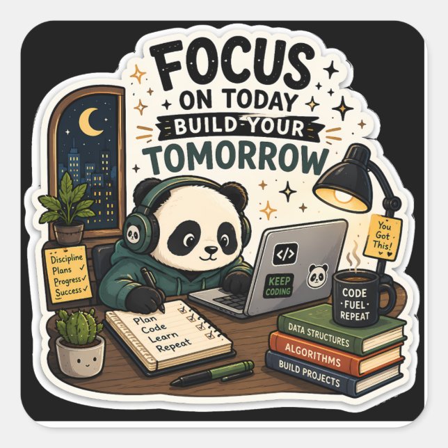 Pegatina Cuadrada Coding Panda Sticker | Focus on Today Build It (Anverso)