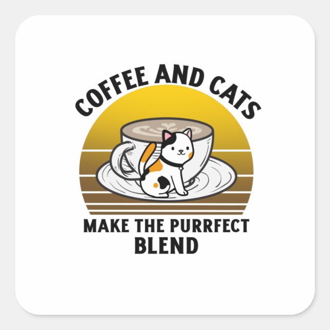 Pegatina Cuadrada Coffee and cats make the purrfect blend (Anverso)