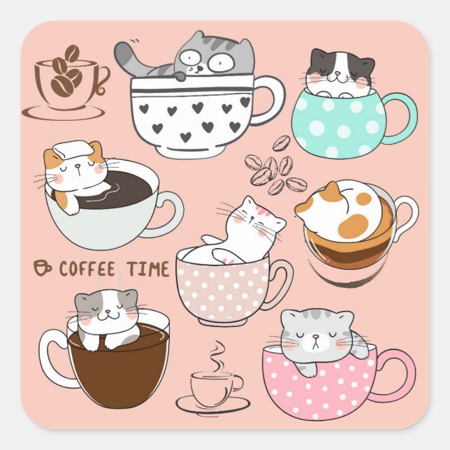 Pegatina Cuadrada Coffee Cats Funny (Anverso)