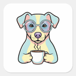 Pegatina Cuadrada Coffee Dog with Glasses – Cute Whimsical Illustrat