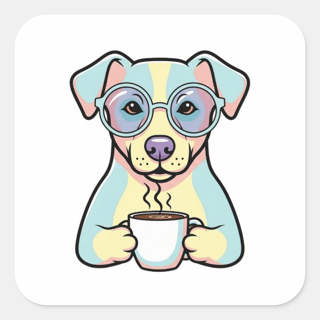 Pegatina Cuadrada Coffee Dog with Glasses – Cute Whimsical Illustrat (Anverso)