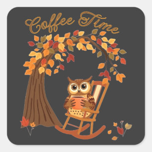 Pegatina Cuadrada Coffee Time Owl Cae Diseño Temático