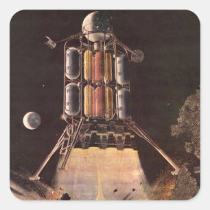 Pegatina Cuadrada Cohete de ciencia ficción vintage despegando del p