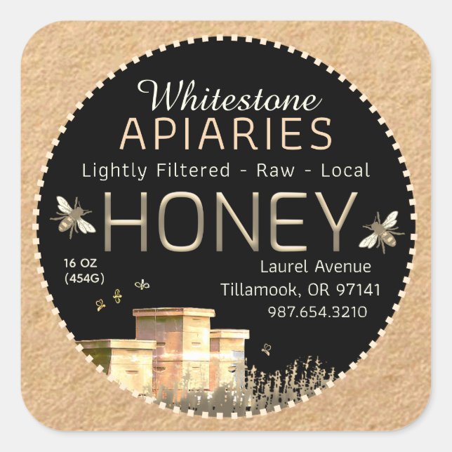 Pegatina Cuadrada Colas de abejas y pequeñas abejas en Kraft (Anverso)