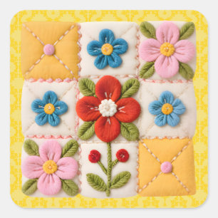 Pegatina Cuadrada Colcha de parches de flores bordadas