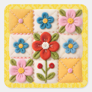Pegatina Cuadrada Colcha de parches de flores bordadas