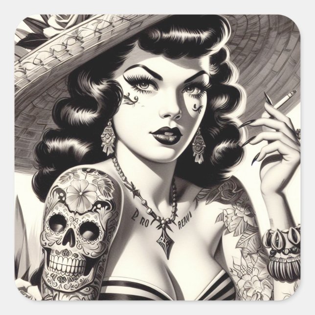 Pegatina Cuadrada Cole de Tattoo Pinup (Anverso)