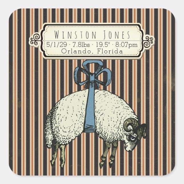 Pegatina Cuadrada Colección bonito Bow Sheep™ - Información de nacim (Anverso)