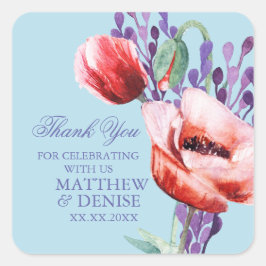 Pegatina Cuadrada Colección de amapola con fondo azul azucarado con 