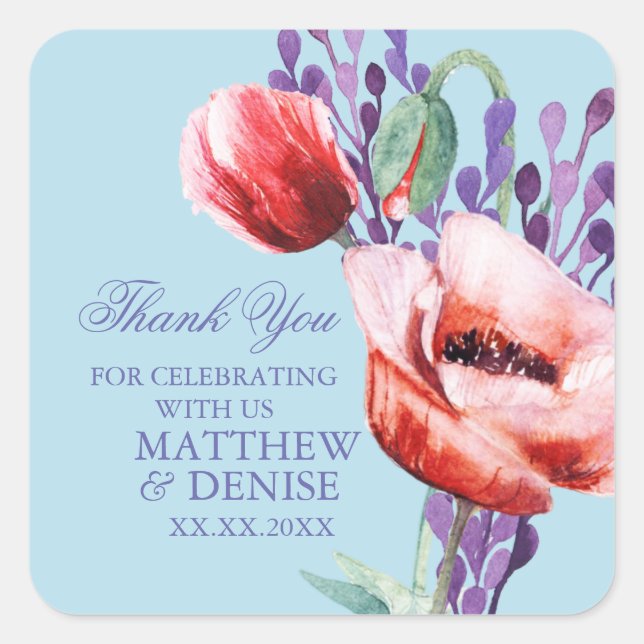 Pegatina Cuadrada Colección de amapola con fondo azul azucarado con  (Anverso)