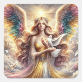 Pegatina Cuadrada Colección de arte Angel Holding Dove - Angel Serie
