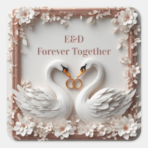 Pegatina Cuadrada 🕊️ Colección de Boda con Marco Floral de Corazón 