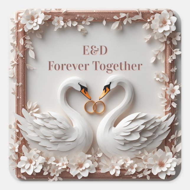 Pegatina Cuadrada 🕊️ Colección de Boda con Marco Floral de Corazón  (Anverso)