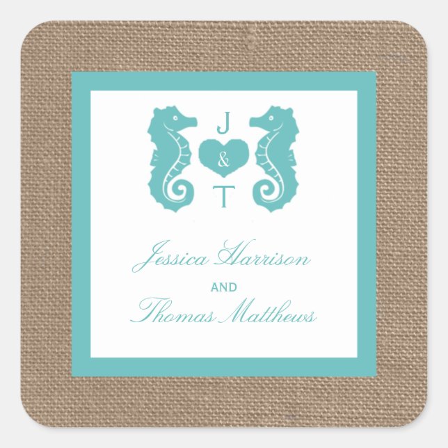 Pegatina Cuadrada Colección de Bodas Turquoise Seahorse Burlap Beach (Anverso)