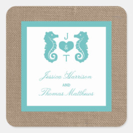 Pegatina Cuadrada Colección de Bodas Turquoise Seahorse Burlap Beach