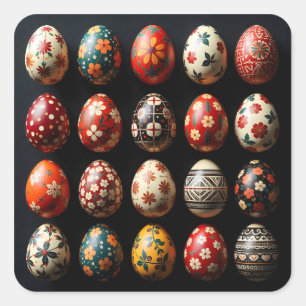 Pegatina Cuadrada Colección de Huevos de Pascua de Arte Popular