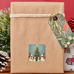 Pegatina Cuadrada Colección de Navidad de Familia de Muñeco de Nieve