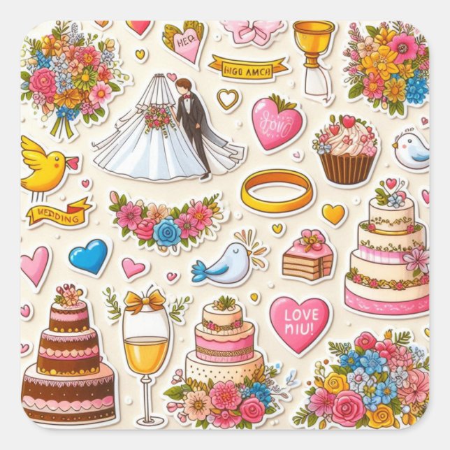 Pegatina Cuadrada Colección de Pegatinas de novias y novias" (Anverso)