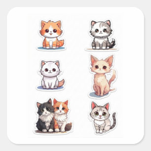 Pegatina Cuadrada Colección de Stickers de Gatito Chibi Super Adorab