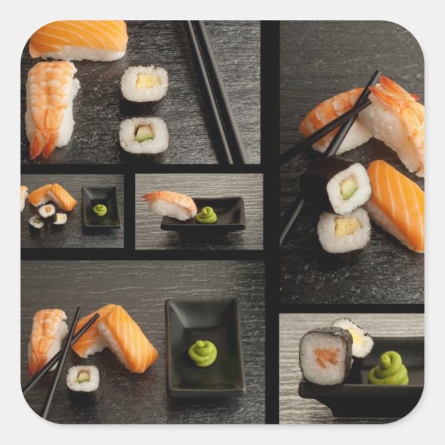 Pegatina Cuadrada Colección de sushi sobre fondo negro (Anverso)