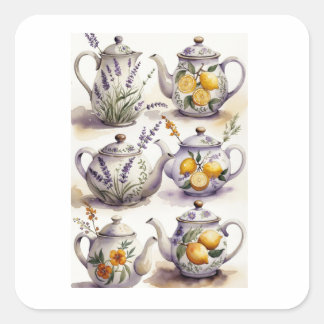 Pegatina Cuadrada Colección de tetera de lavanda y limón arte acuare