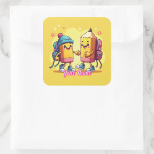 Pegatina Cuadrada Colección de útiles escolares lindos y personaliza