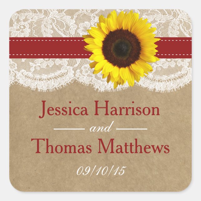 Pegatina Cuadrada Colección Kraft, Lace & Sunflower - Rojo (Anverso)