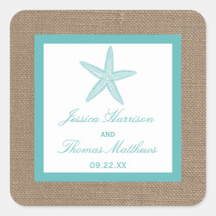Pegatina Cuadrada Colección Turquoise Starfish Burlap Beach Wedding