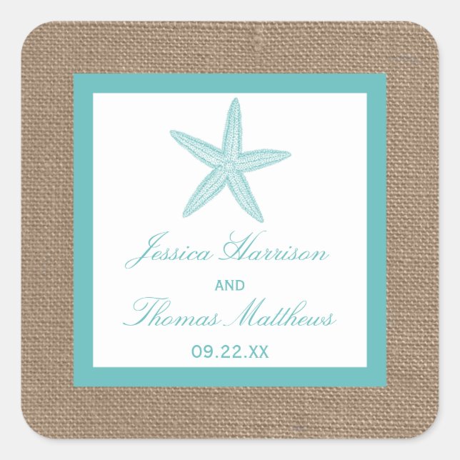 Pegatina Cuadrada Colección Turquoise Starfish Burlap Beach Wedding (Anverso)