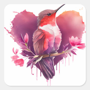 Pegatina Cuadrada Colibrí Lindo  San Valentín