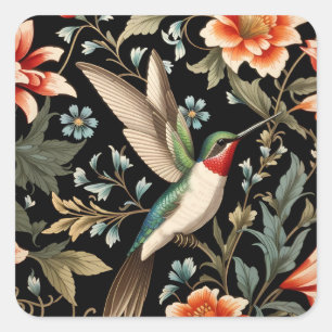 Pegatina Cuadrada Colibrí Precioso sobre Fondo Floral Oscuro