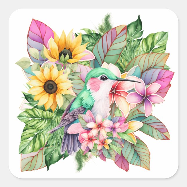 Pegatina Cuadrada Colibrí y flores tropicales (Anverso)