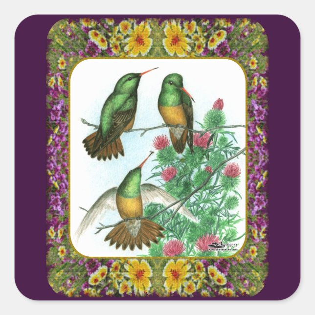Pegatina Cuadrada Colibríes y Flores #1 (Anverso)