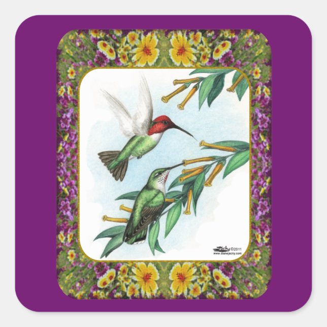 Pegatina Cuadrada Colibríes y Flores #4 (Anverso)