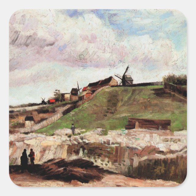 Pegatina Cuadrada Colina de Montmartre con Quarry de Vincent van Gog (Anverso)