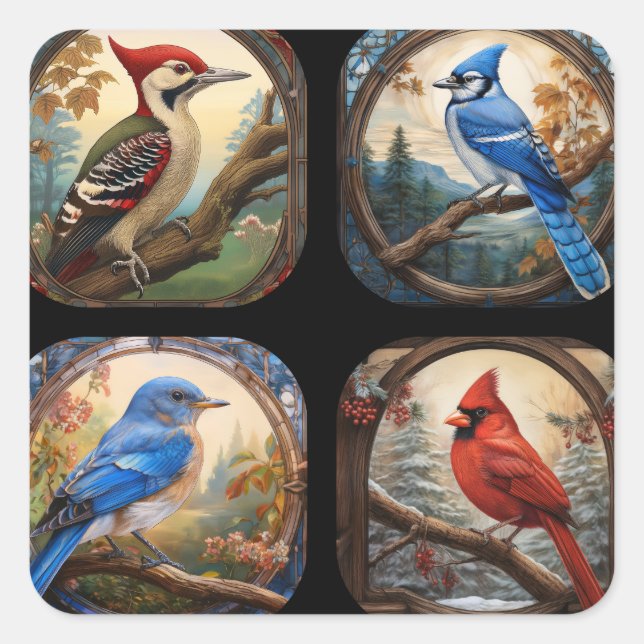 Pegatina Cuadrada Collage de aves (Anverso)