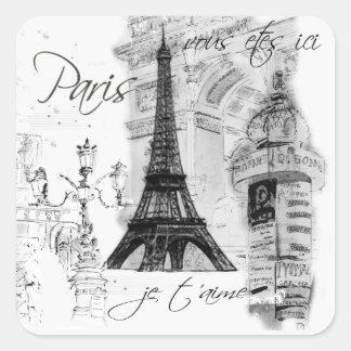 Pegatina Cuadrada Collage de escena francesa de la Torre Eiffel de P