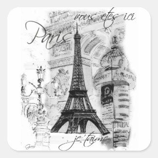 Pegatina Cuadrada Collage de escena francesa de la Torre Eiffel de P
